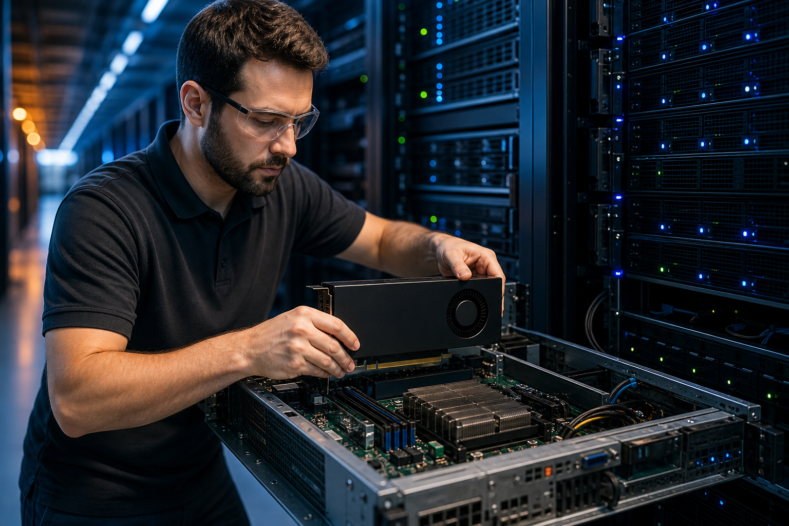 A technician installing a GPU card in a rack-mount server in a data center